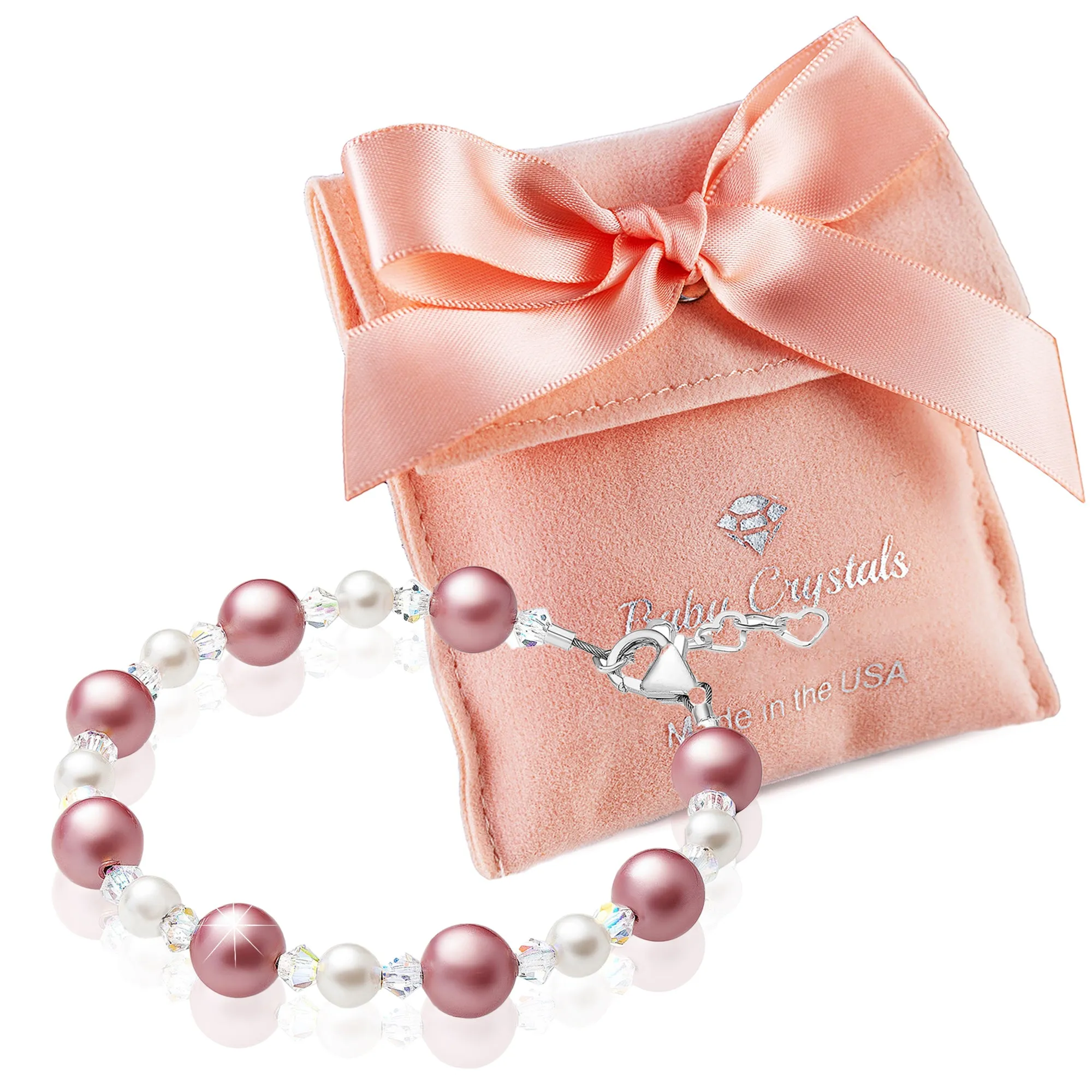 Personalized Birthstone Bracelets for Girls -White and Rose Simulated Austrian Pearls Crystals, Sterling Silver Initial Charm Bracelet Jewelry for Babies to teens, Customized Alphabet Letters