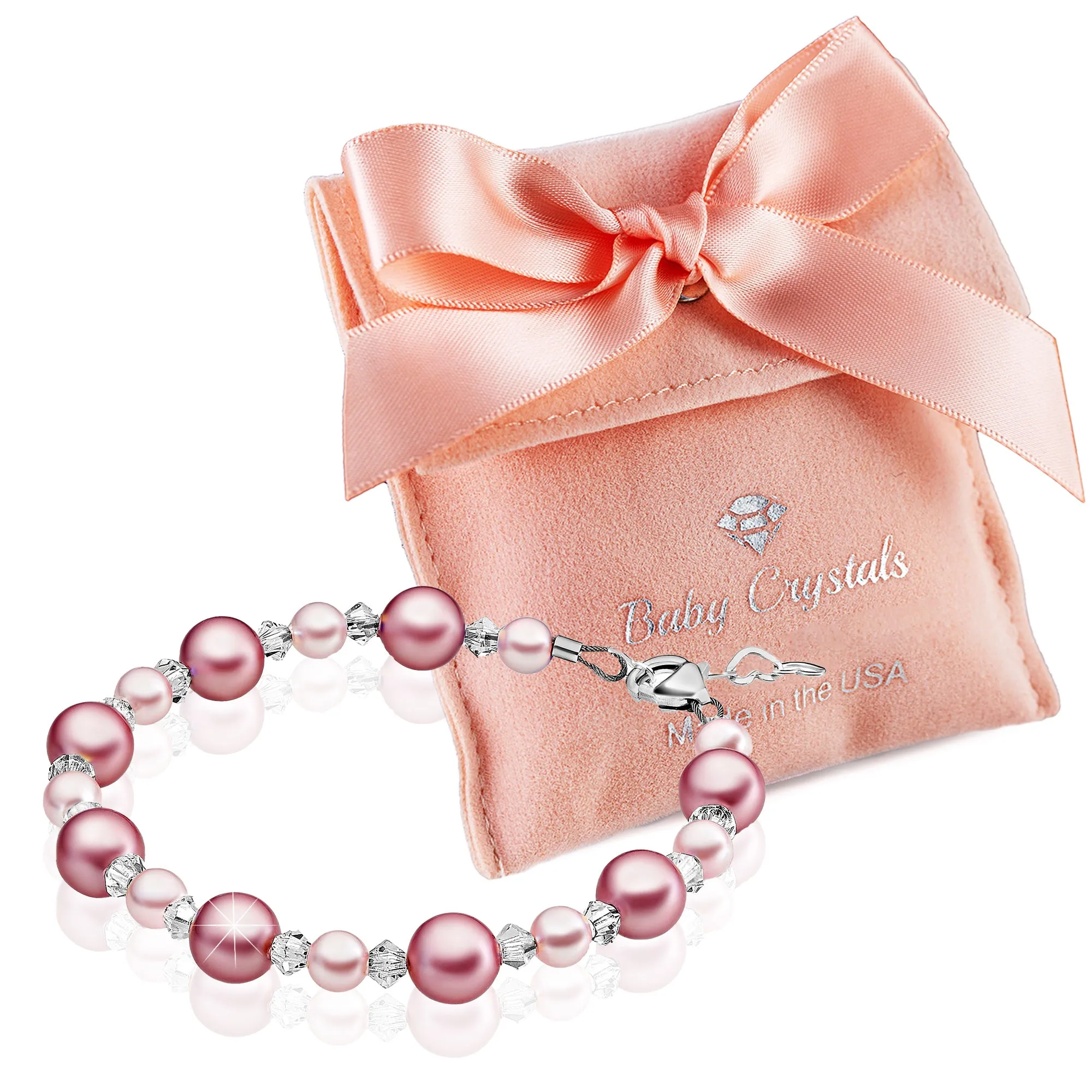 Personalized Birthstone Bracelets for Girls -White and Rose Simulated Austrian Pearls Crystals, Sterling Silver Initial Charm Bracelet Jewelry for Babies to teens, Customized Alphabet Letters