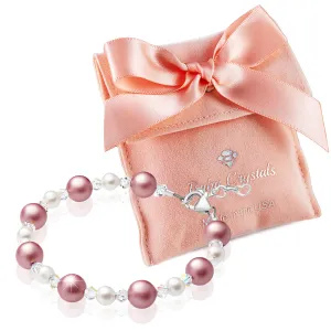 Personalized Birthstone Bracelets for Girls -White and Rose Simulated Austrian Pearls Crystals, Sterling Silver Initial Charm Bracelet Jewelry for Babies to teens, Customized Alphabet Letters