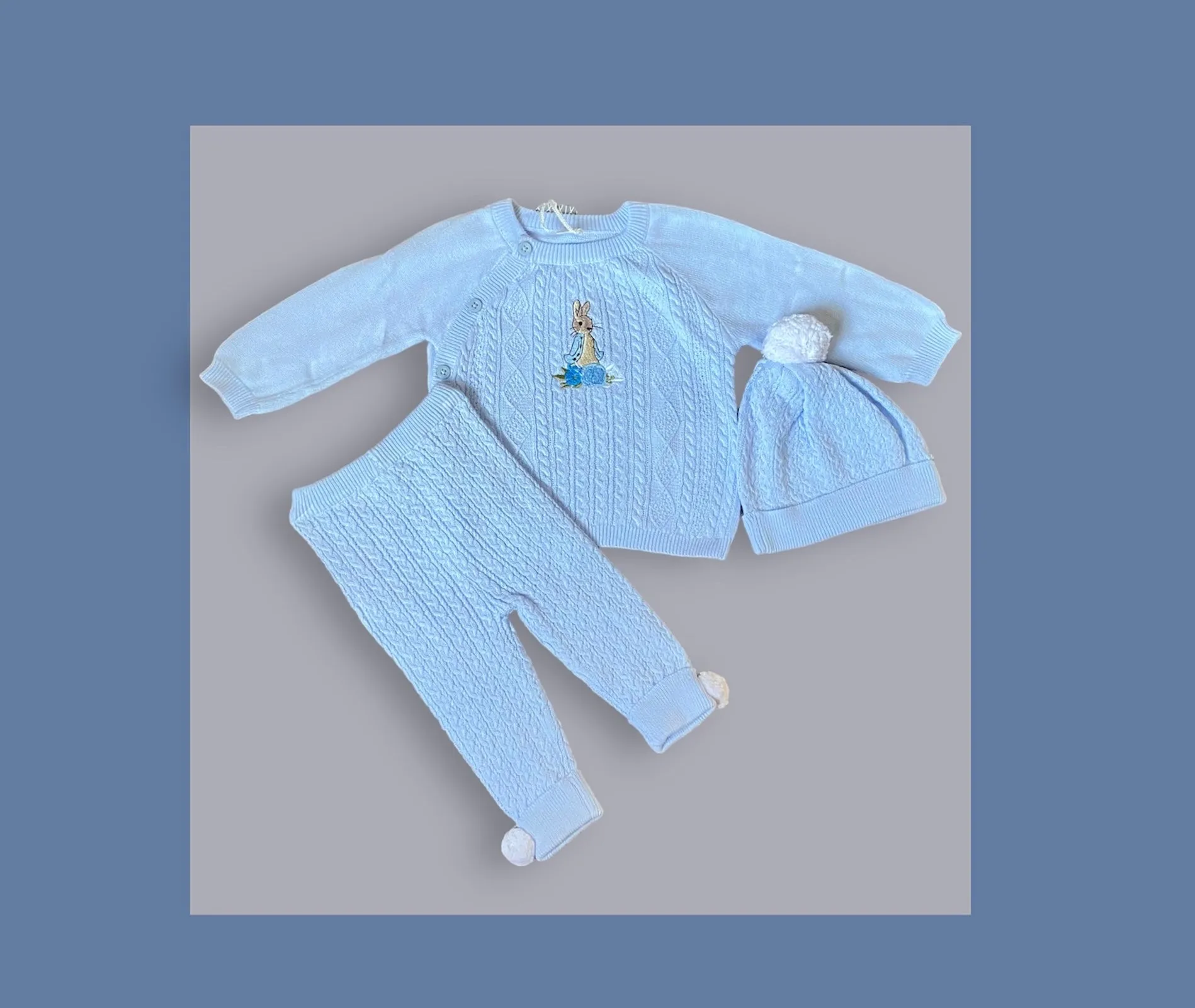 Peter Rabbit Baby Blue Knitted Pom Outfit