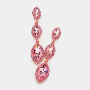 Pink Crystal Triple Marquise Drop Dangle Pageant Earrings on Rose Gold | Prom Jewelry | 563191