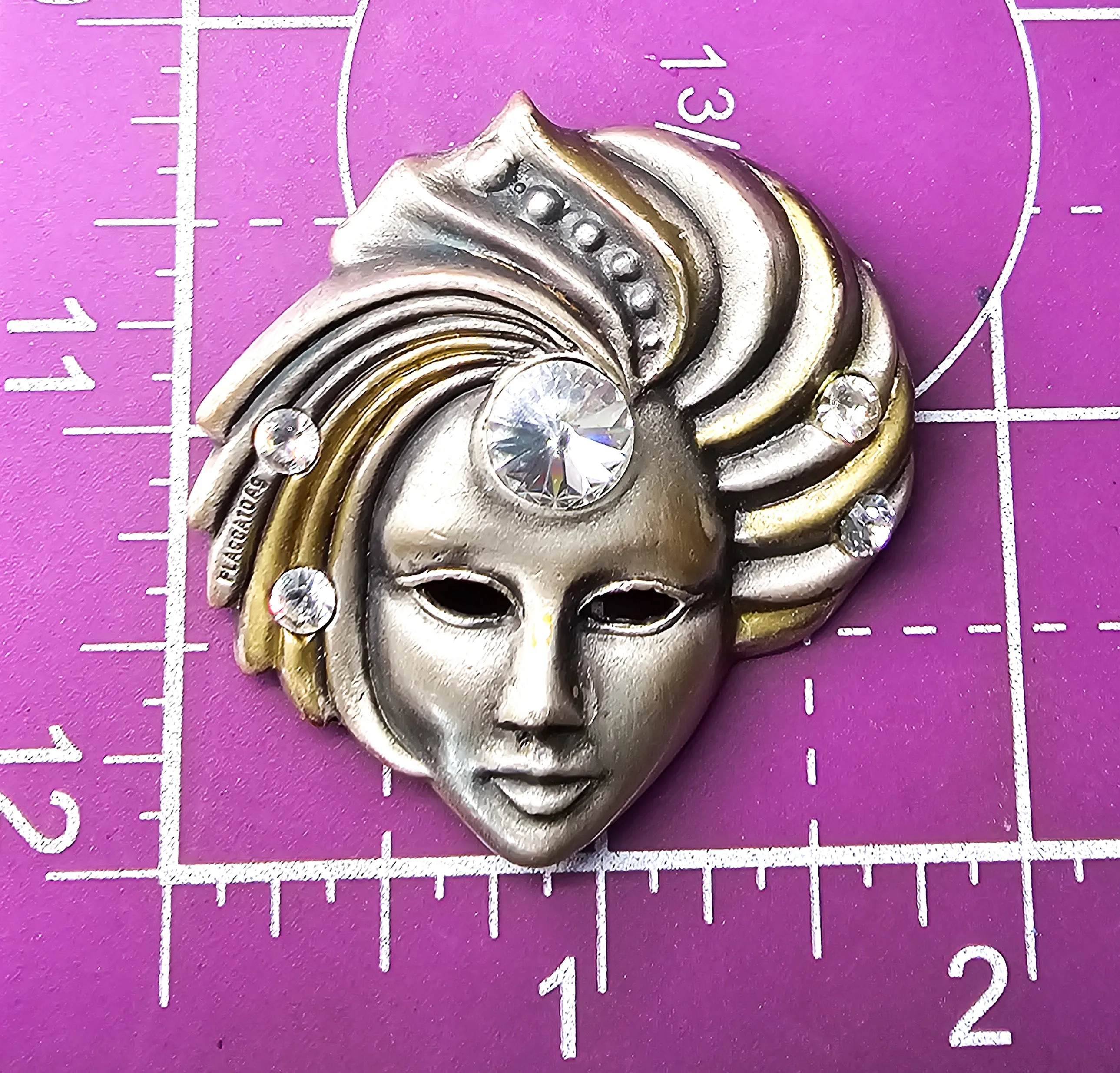 Placcato Ag Carnival mask pewter bronze vintage rhinestone brooch