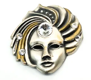 Placcato Ag Carnival mask pewter bronze vintage rhinestone brooch
