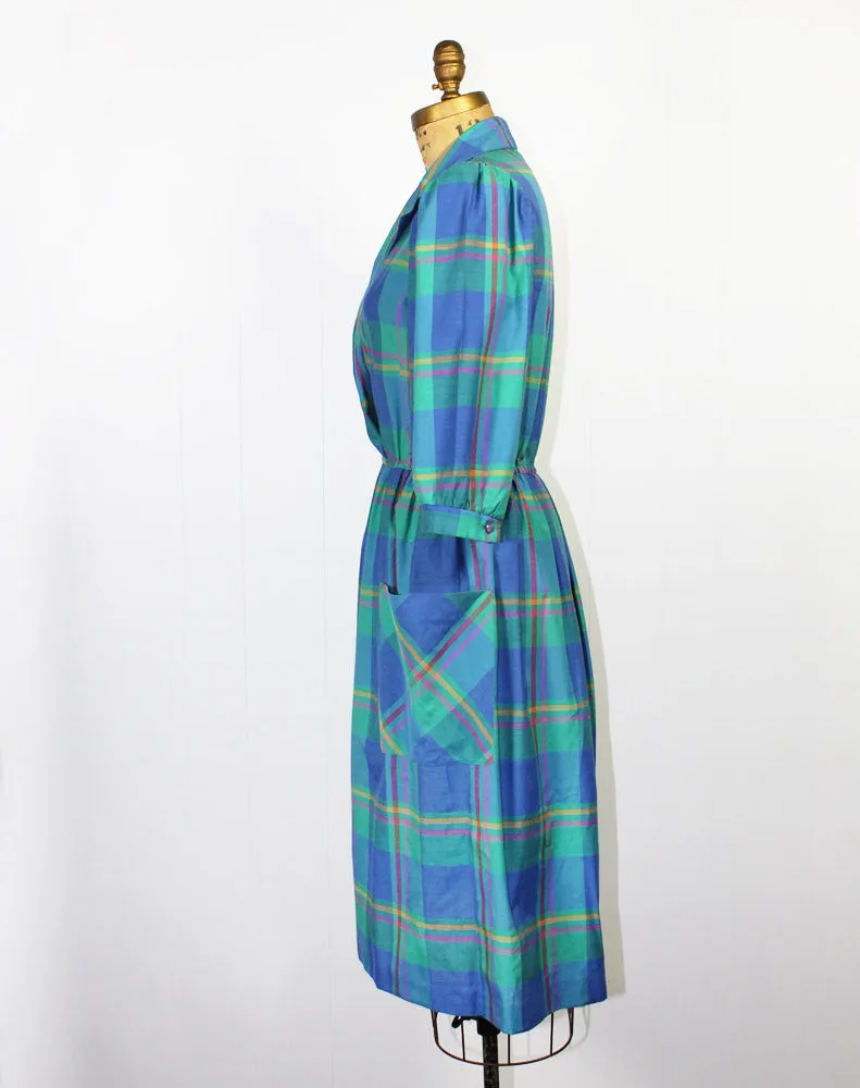 Plaid Teal Cropped Sleeve Secretary Dress - Size L