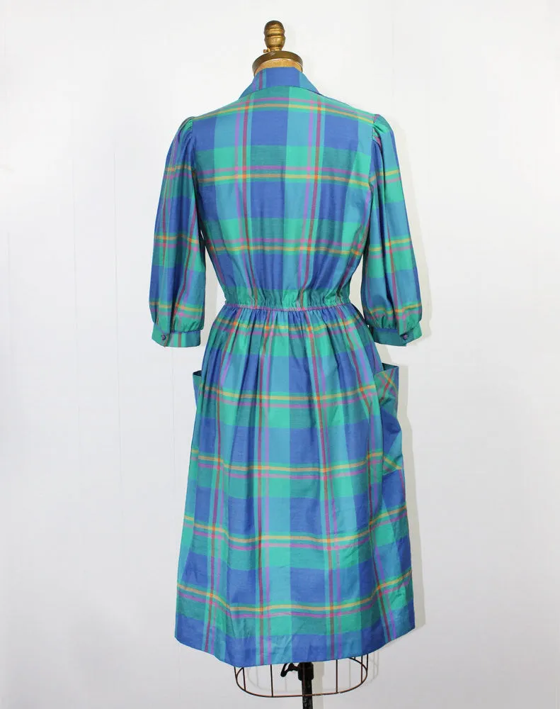 Plaid Teal Cropped Sleeve Secretary Dress - Size L
