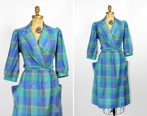 Plaid Teal Cropped Sleeve Secretary Dress - Size L