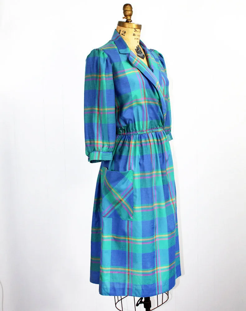 Plaid Teal Cropped Sleeve Secretary Dress - Size L