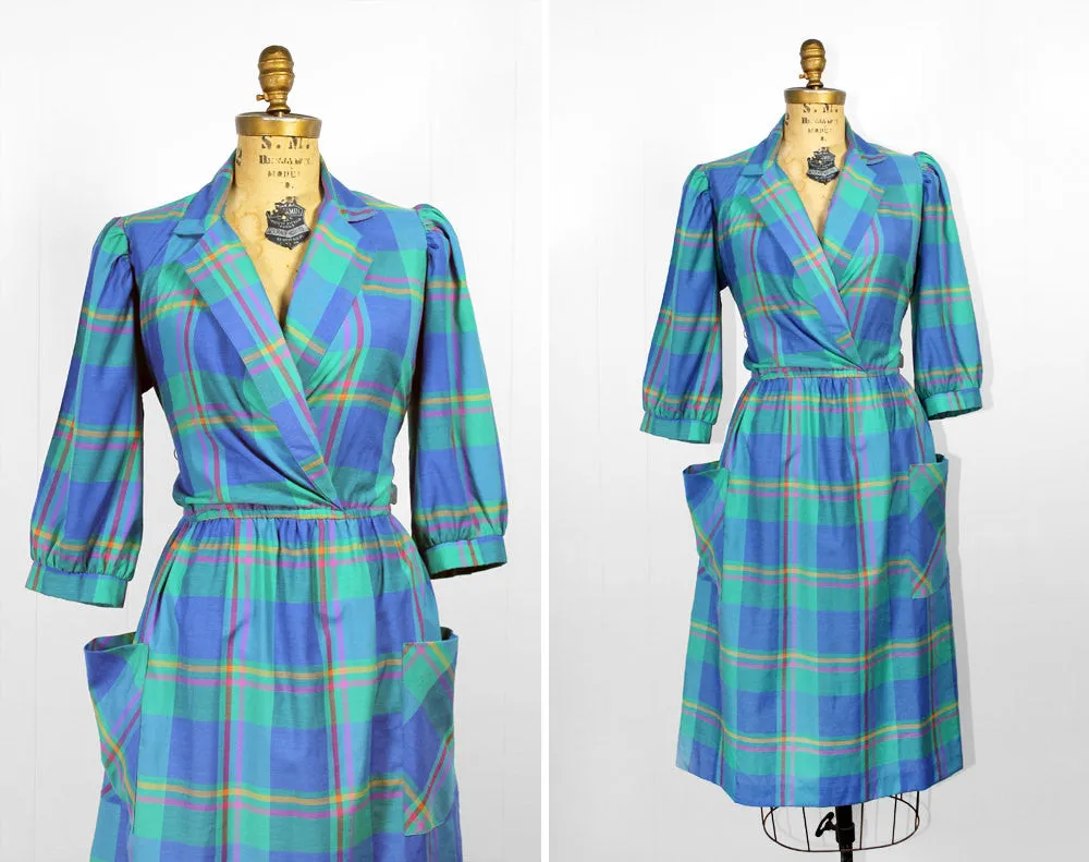 Plaid Teal Cropped Sleeve Secretary Dress - Size L