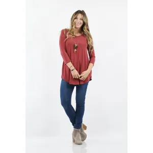 Plus 3/4 Sleeve Round Neck and Round Hem Tunic top - Brick