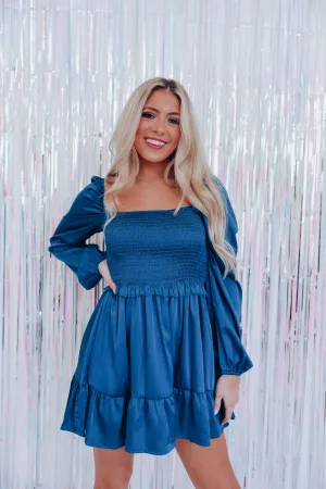 Positive Spirit Smocked Satin Mini Dress - Teal