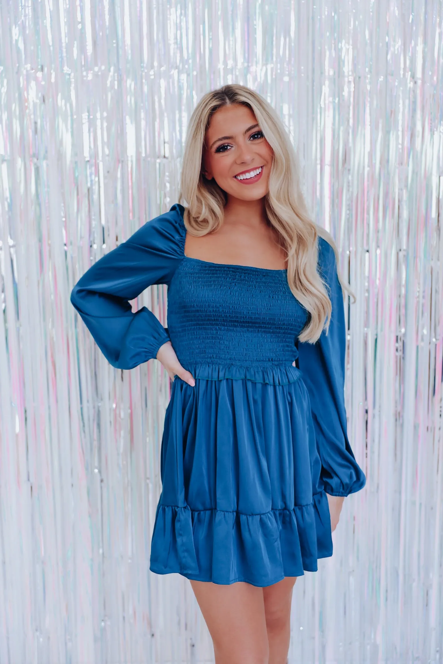 Positive Spirit Smocked Satin Mini Dress - Teal