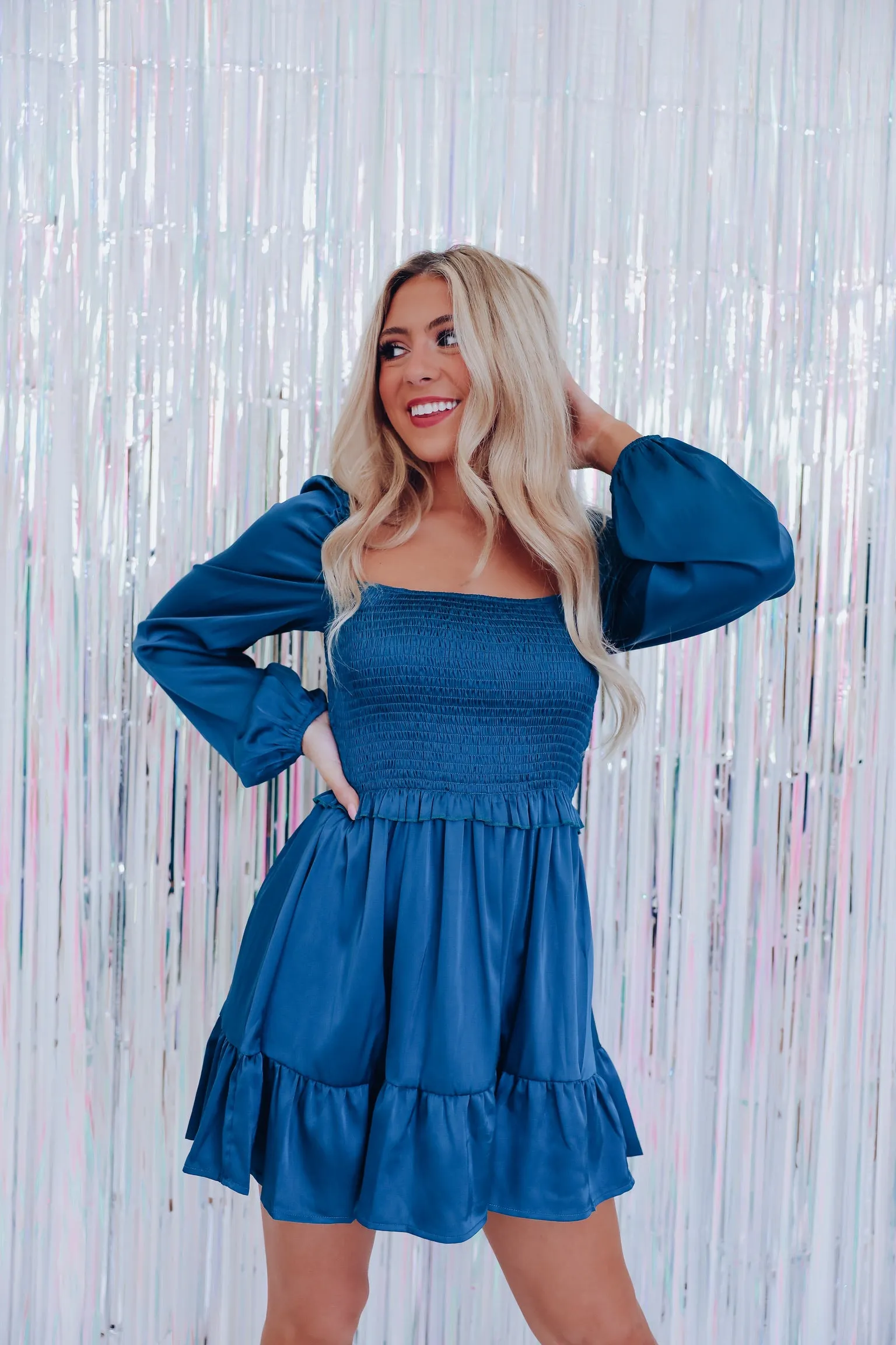 Positive Spirit Smocked Satin Mini Dress - Teal