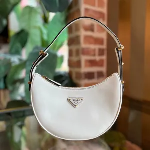 PRADA Arqué Small White Leather Half Moon Hobo Bag