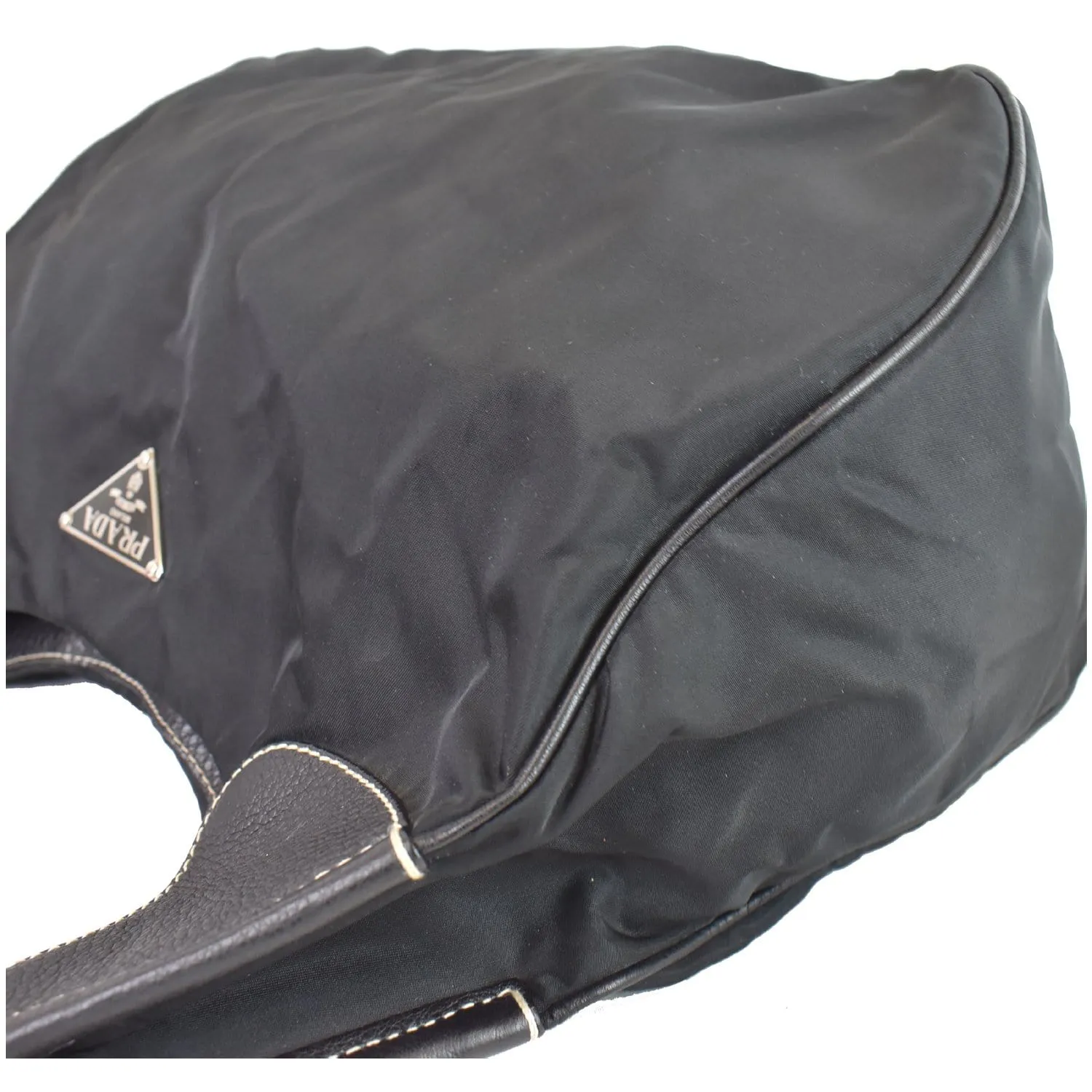 PRADA  Nylon Leather Strap Hobo Bag Black