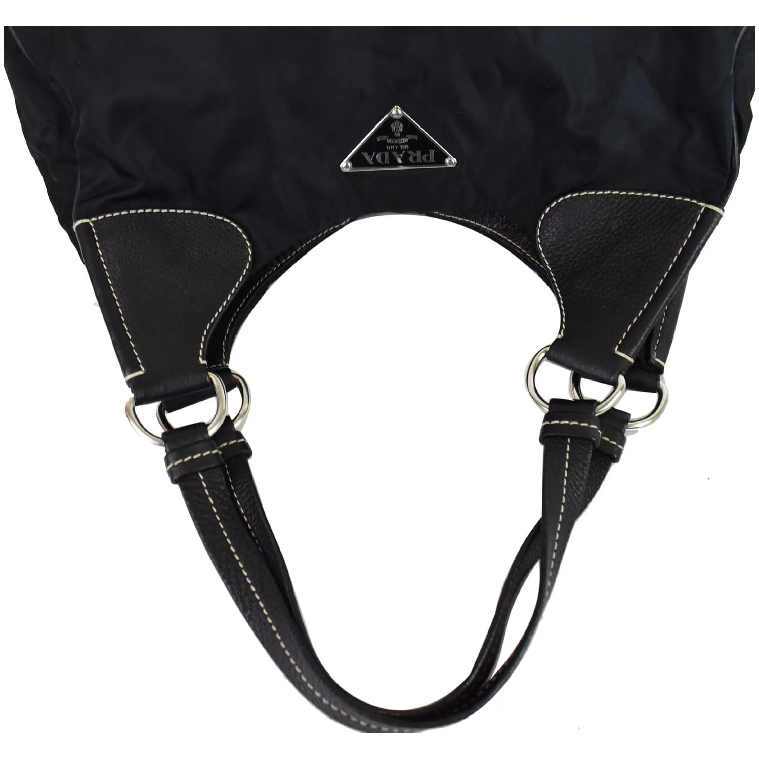 PRADA  Nylon Leather Strap Hobo Bag Black