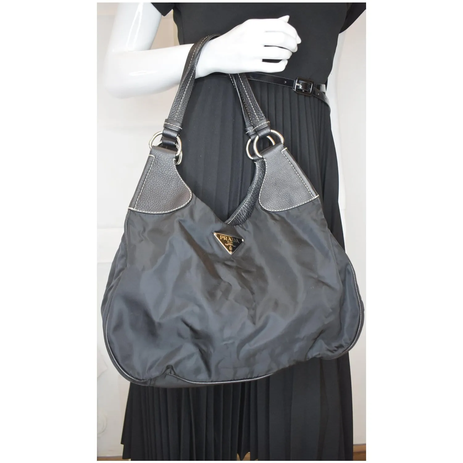 PRADA  Nylon Leather Strap Hobo Bag Black
