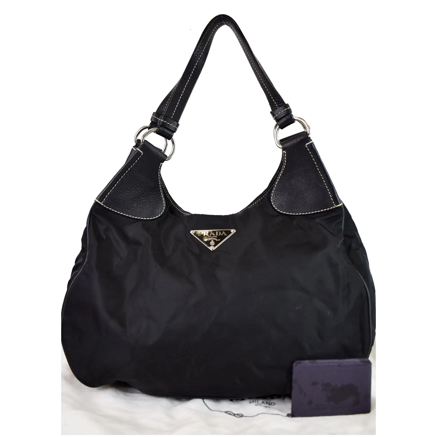 PRADA  Nylon Leather Strap Hobo Bag Black