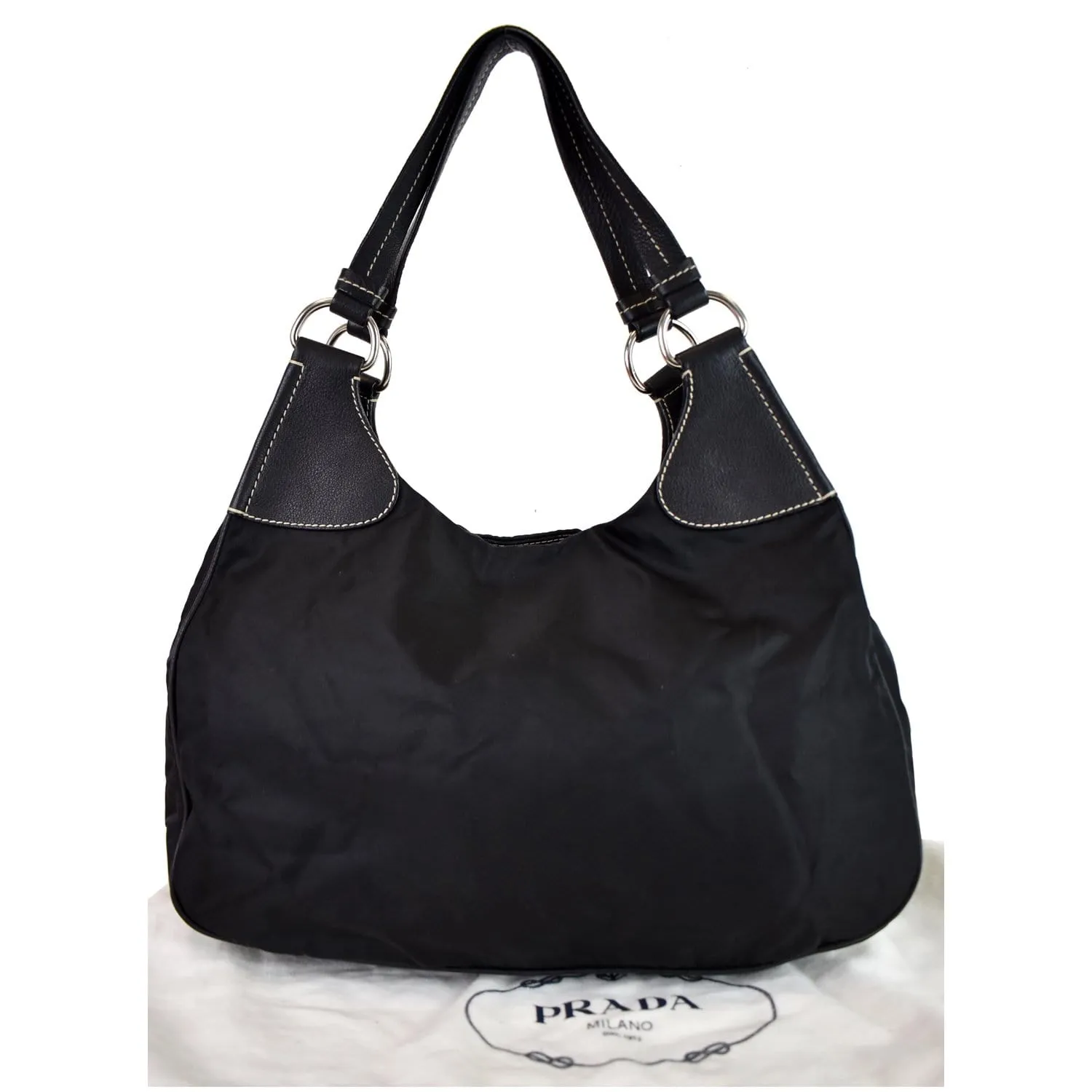 PRADA  Nylon Leather Strap Hobo Bag Black