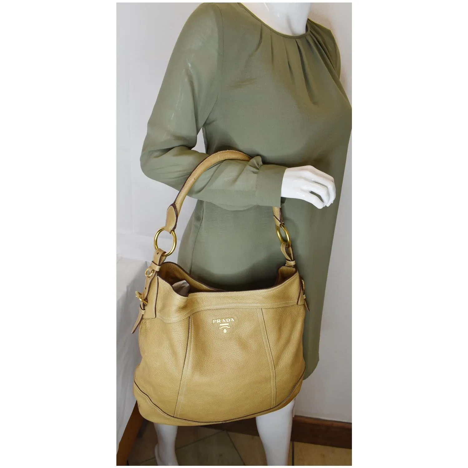 PRADA Vitello Daino Large Leather Hobo Shoulder Bag Beige