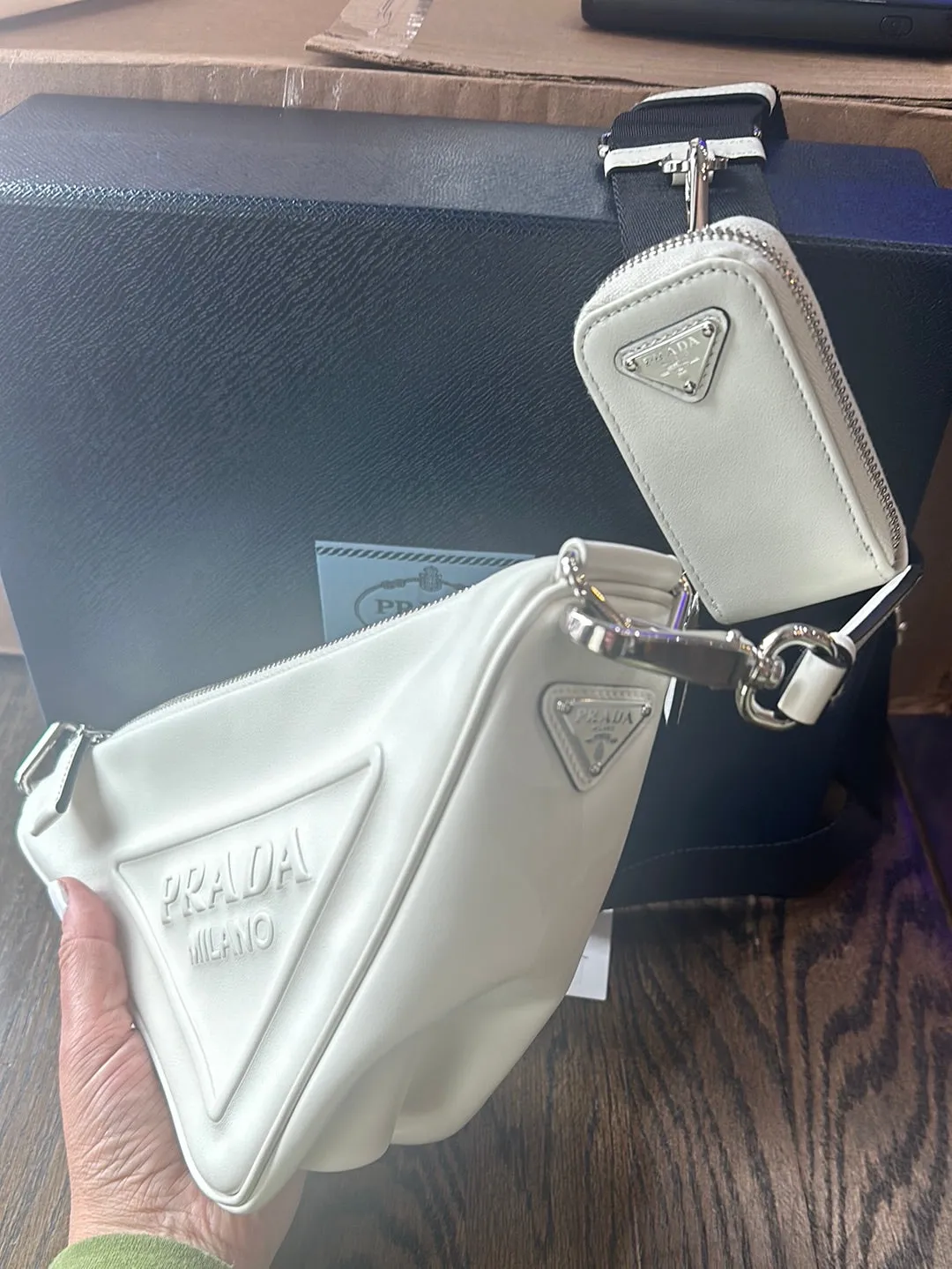 Prada White Leather Triangle Shoulder Bag
