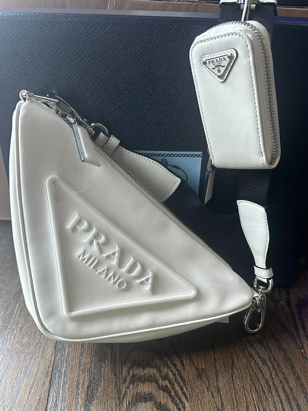 Prada White Leather Triangle Shoulder Bag