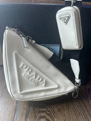 Prada White Leather Triangle Shoulder Bag
