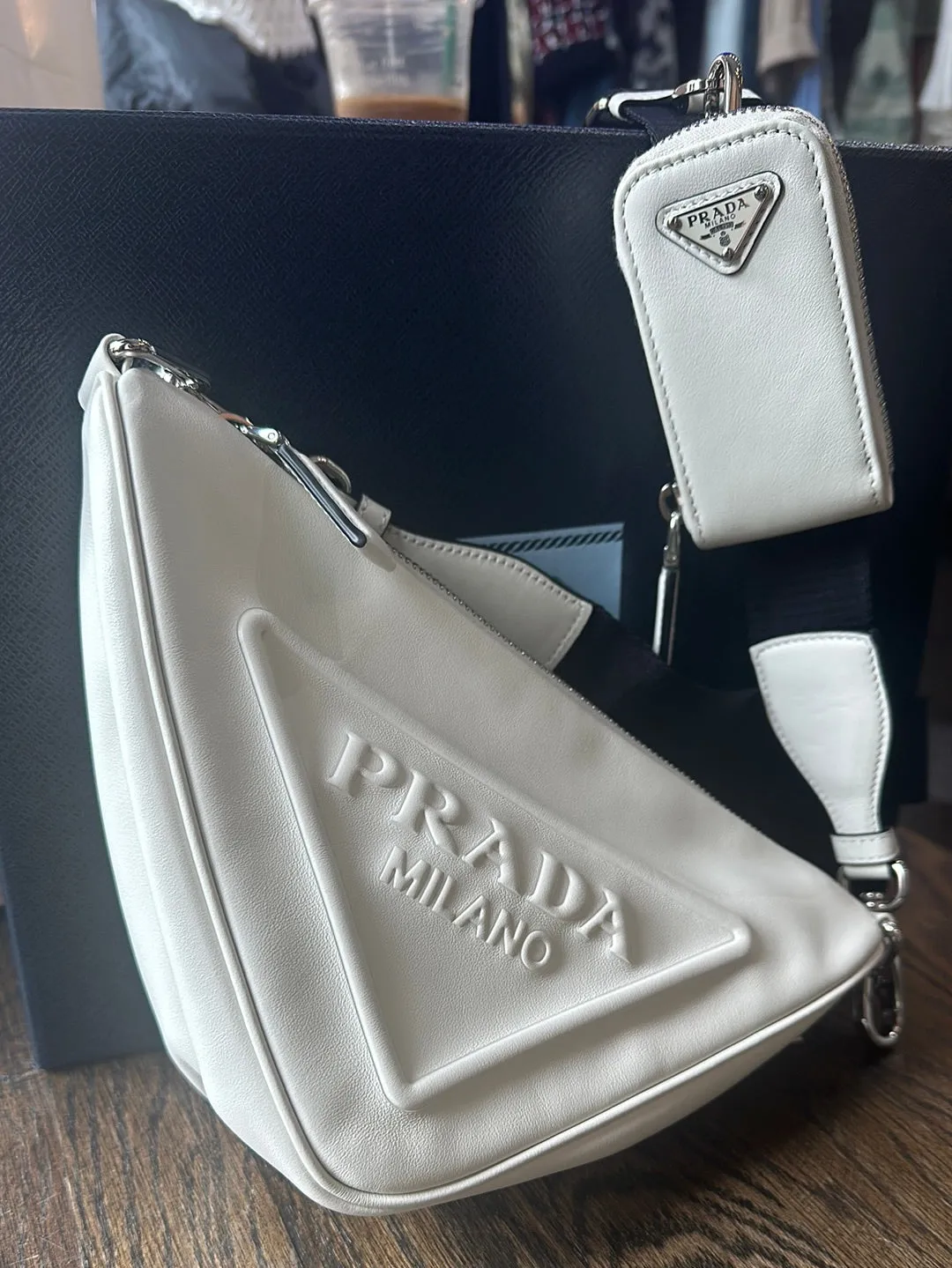 Prada White Leather Triangle Shoulder Bag