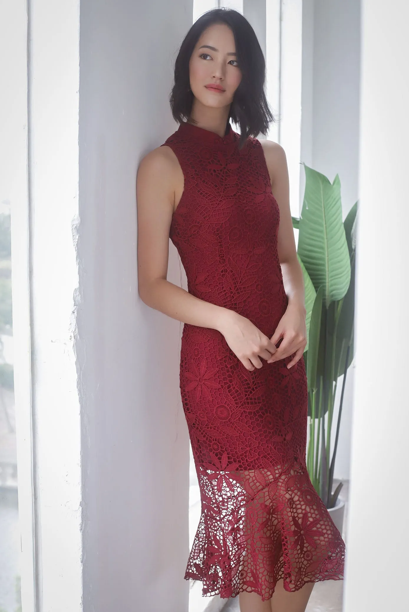 *Premium* TDC Greisy Crochet Removable Oriental Collar Dress In Wine Red