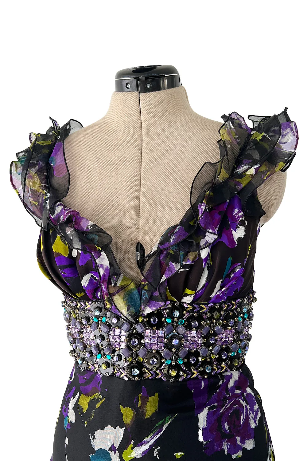 Prettiest Spring 2010 Oscar de la Renta Purple Silk Chiffon Ruffle Dress w Jewel Waistband