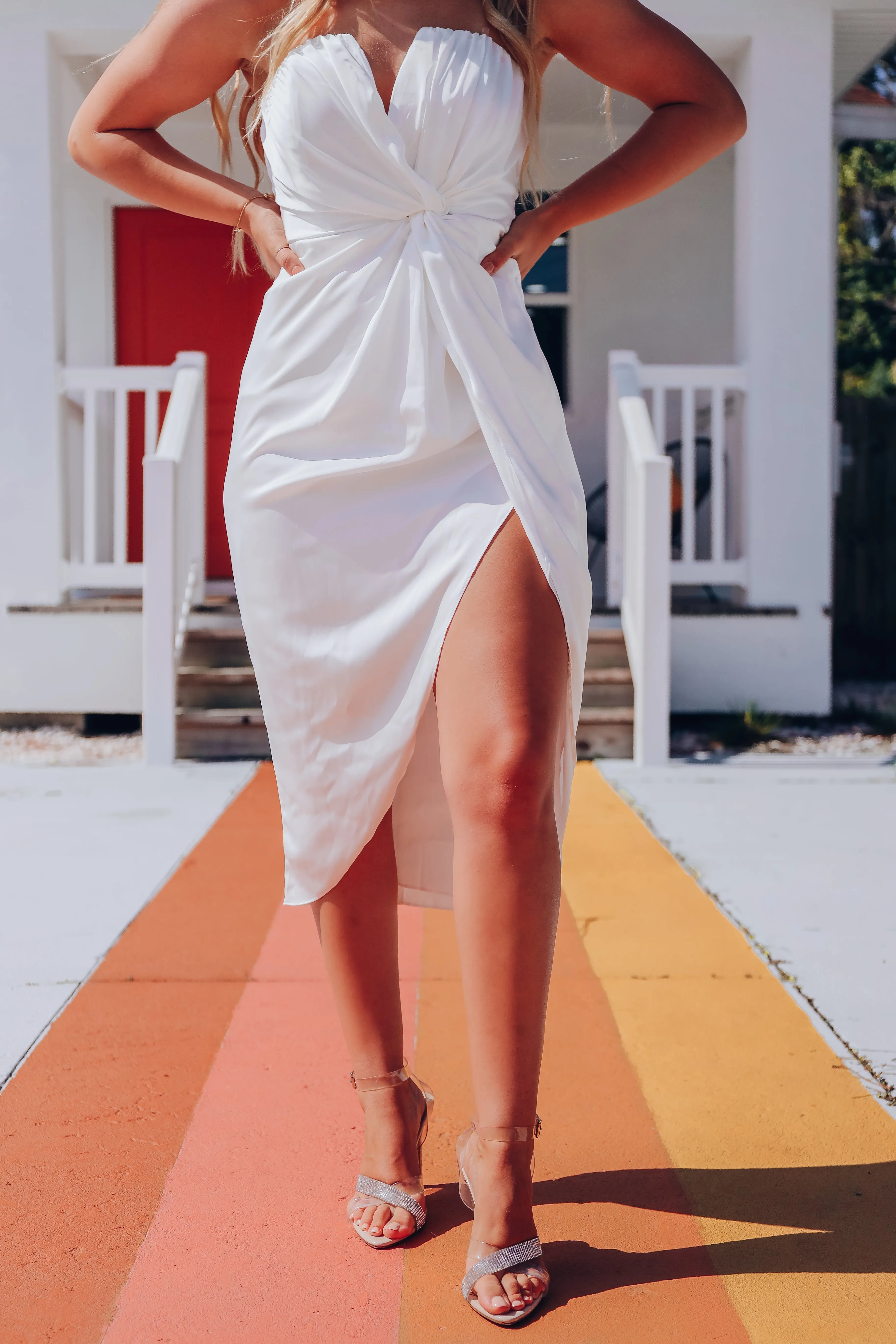 "MODEL"- Katherine Twisted Strapless Midi Dress - White -SMALL- FINAL SALE