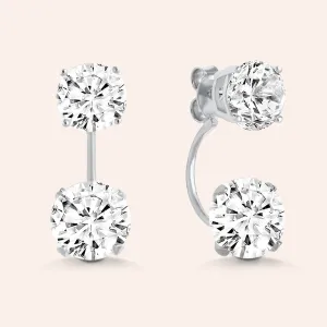 "Trendy Duet" 6.5CTW 2 Round Cut Stones Front Back Earrings - Sterling Silver / Gold Vermeil