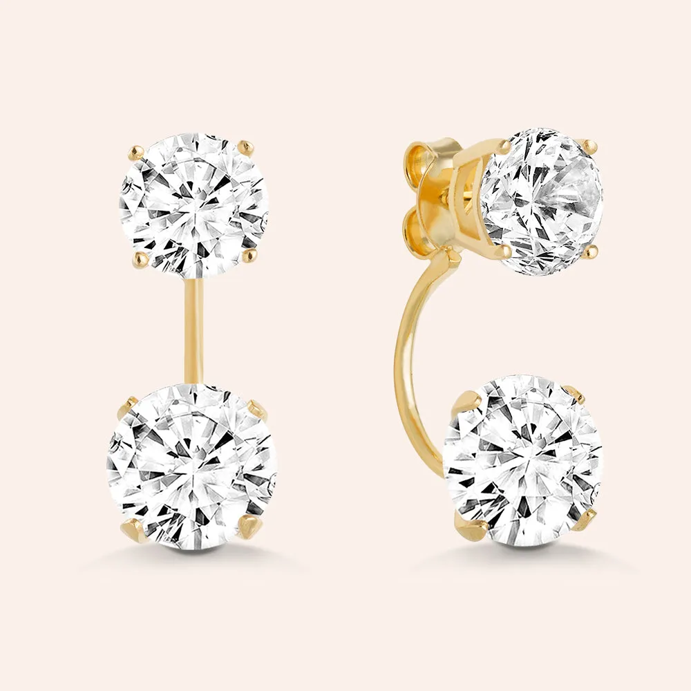 "Trendy Duet" 6.5CTW 2 Round Cut Stones Front Back Earrings - Sterling Silver / Gold Vermeil