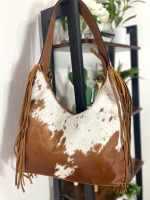 Ranch Tan Cowhide Hobo Fringe Tooled Purse