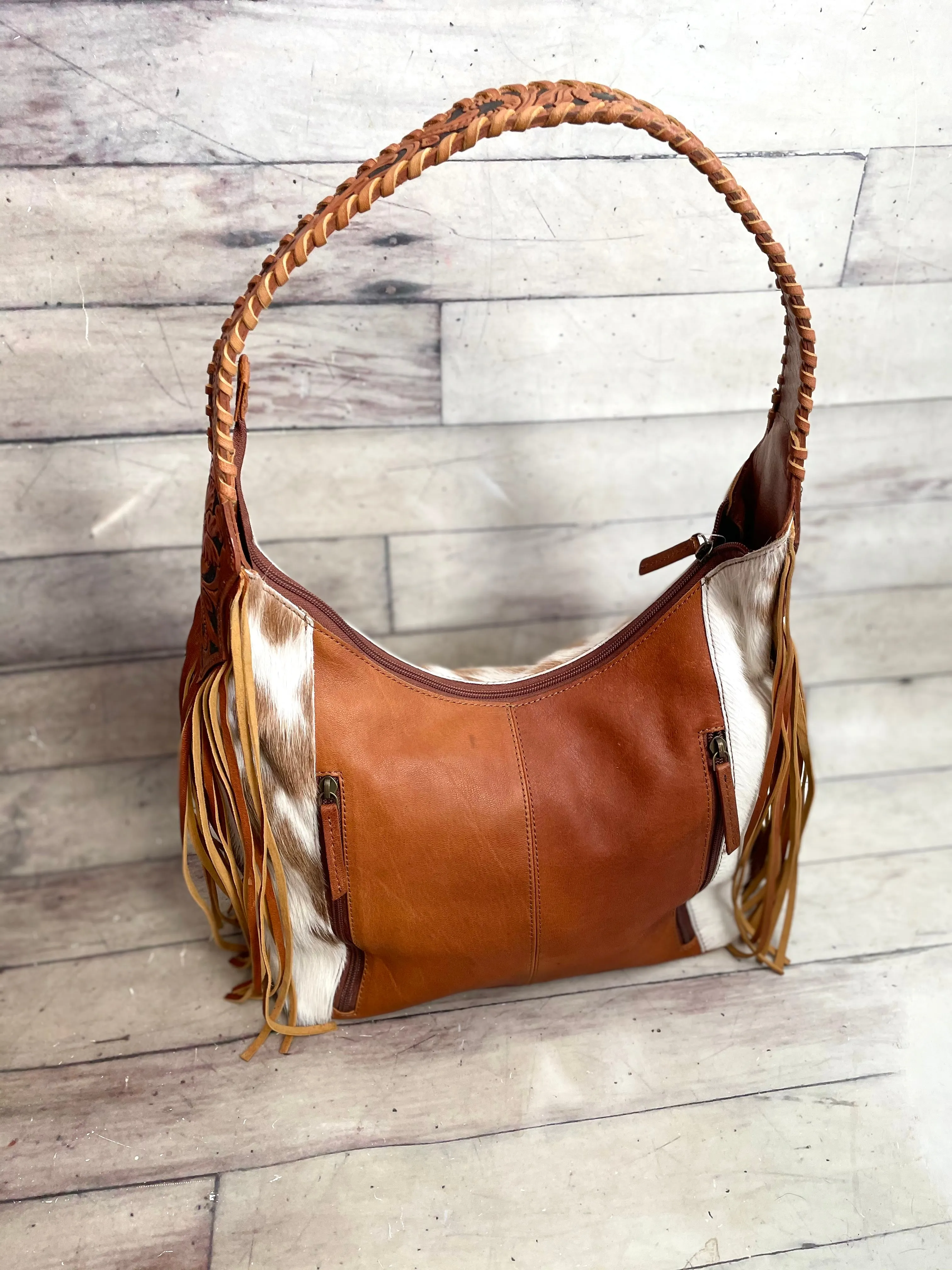 Ranch Tan Cowhide Hobo Fringe Tooled Purse