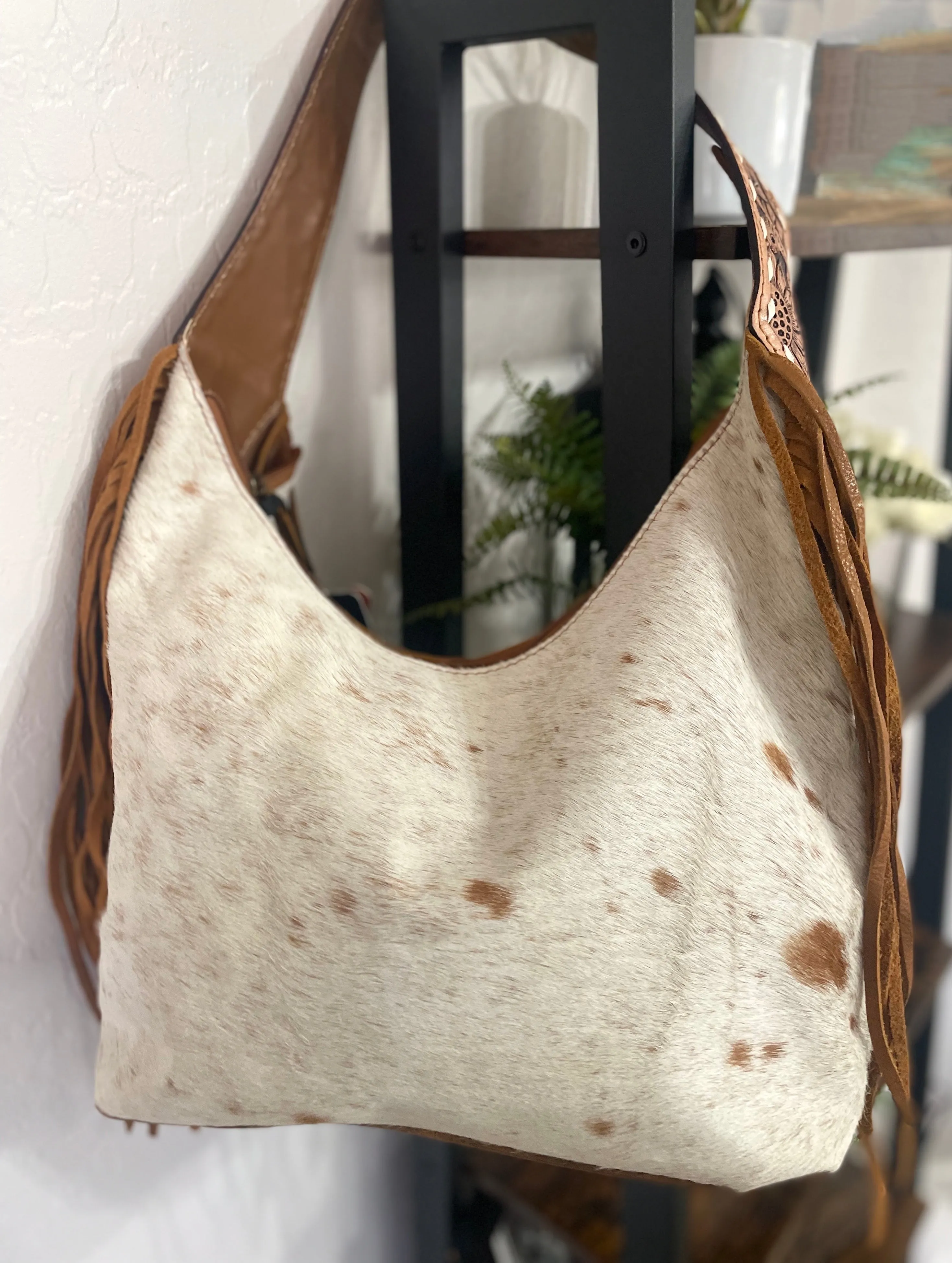 Ranch Tan Cowhide Hobo Fringe Tooled Purse
