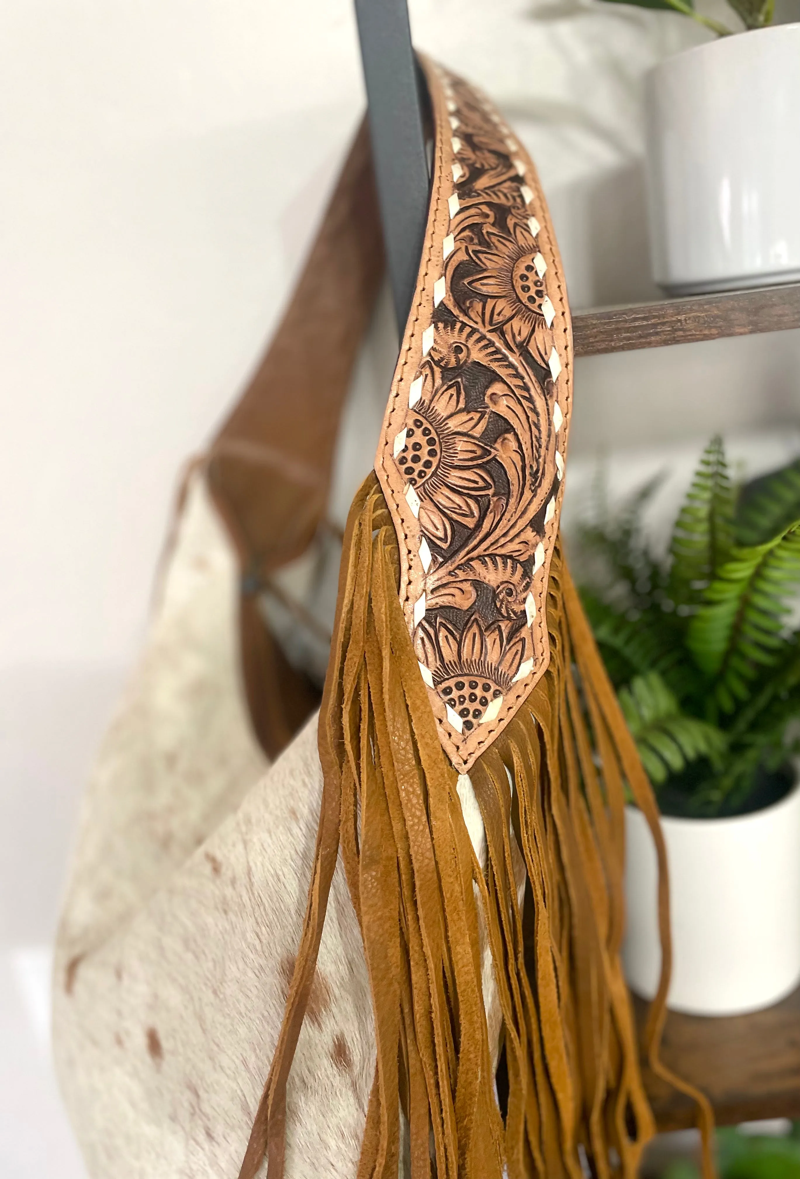 Ranch Tan Cowhide Hobo Fringe Tooled Purse