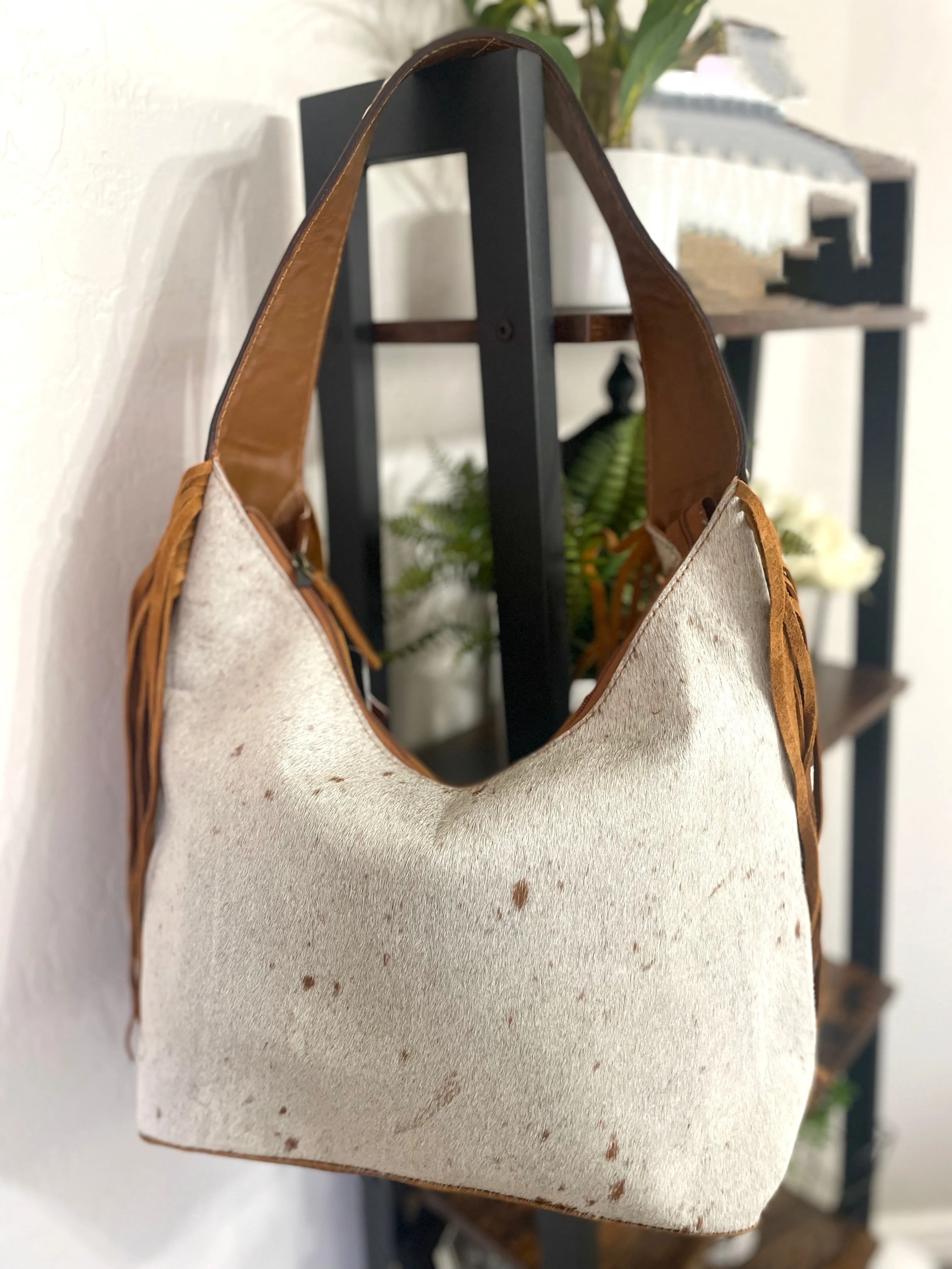 Ranch Tan Cowhide Hobo Fringe Tooled Purse