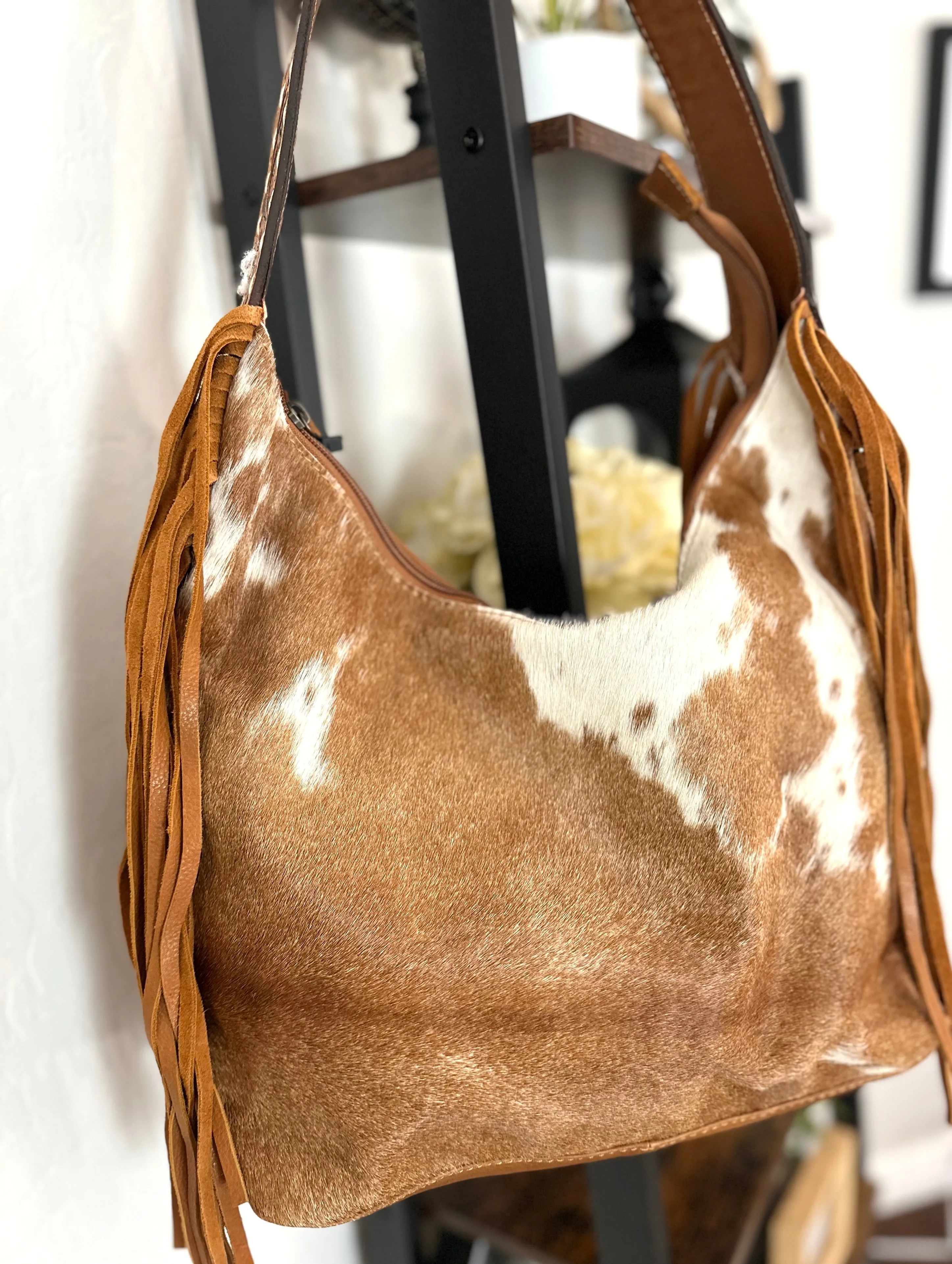 Ranch Tan Cowhide Hobo Fringe Tooled Purse