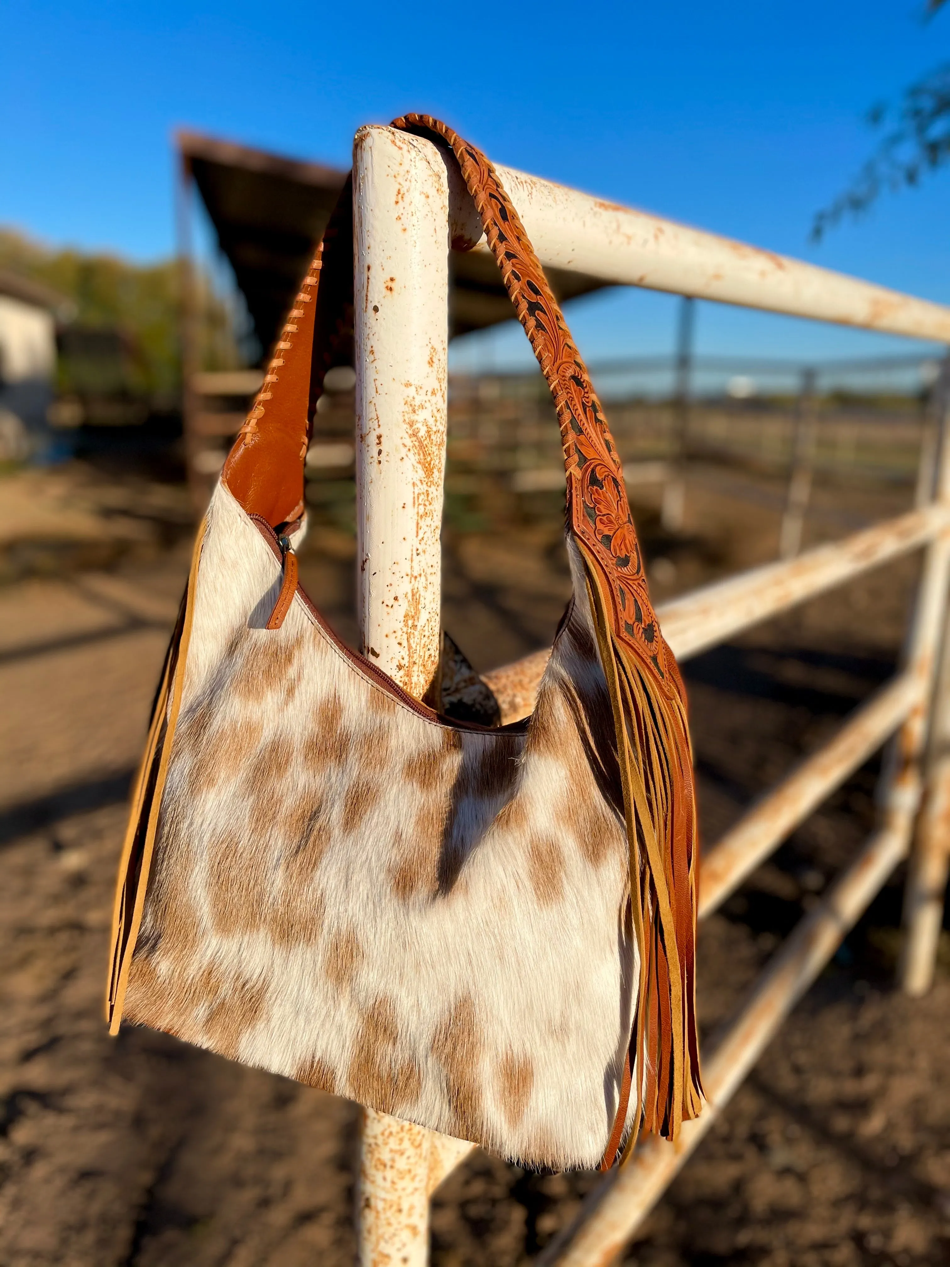 Ranch Tan Cowhide Hobo Fringe Tooled Purse