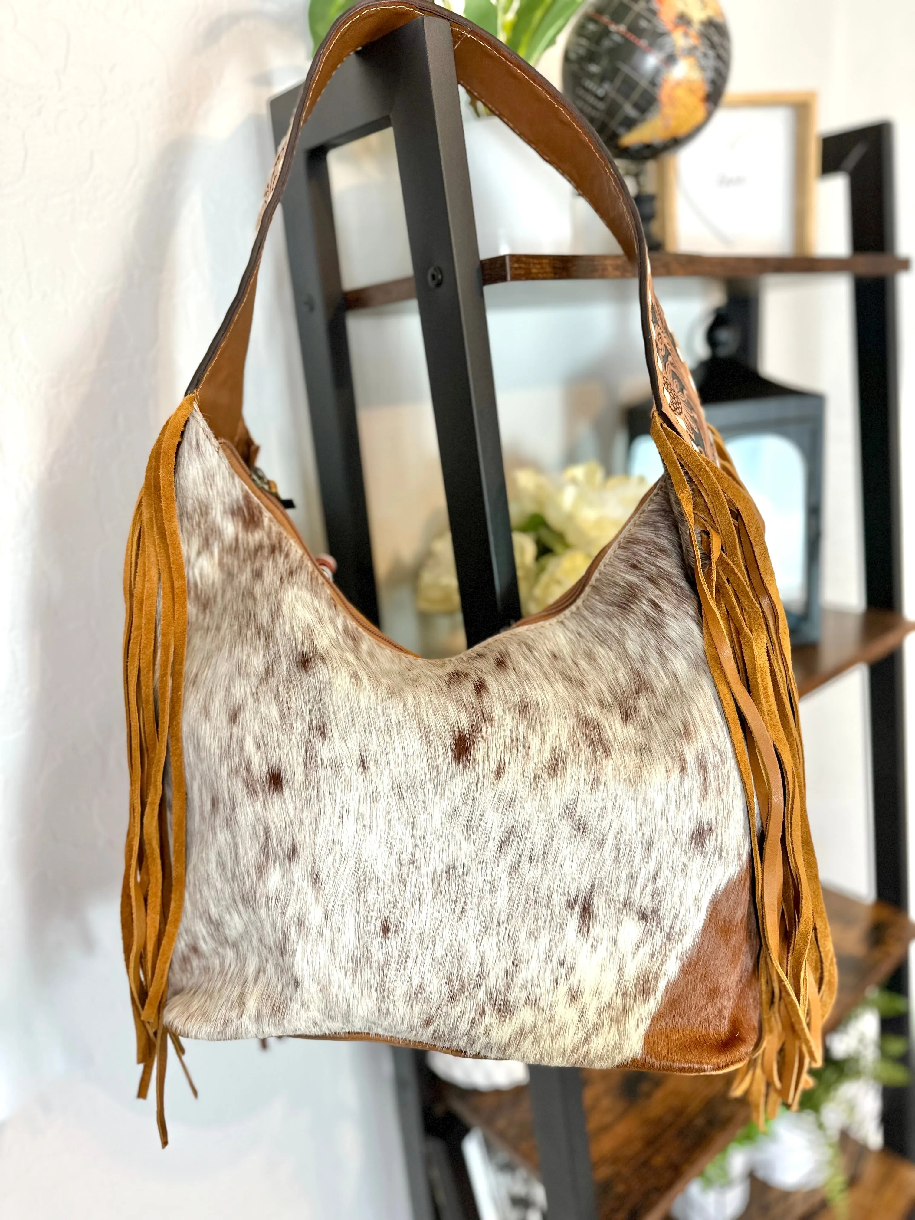 Ranch Tan Cowhide Hobo Fringe Tooled Purse