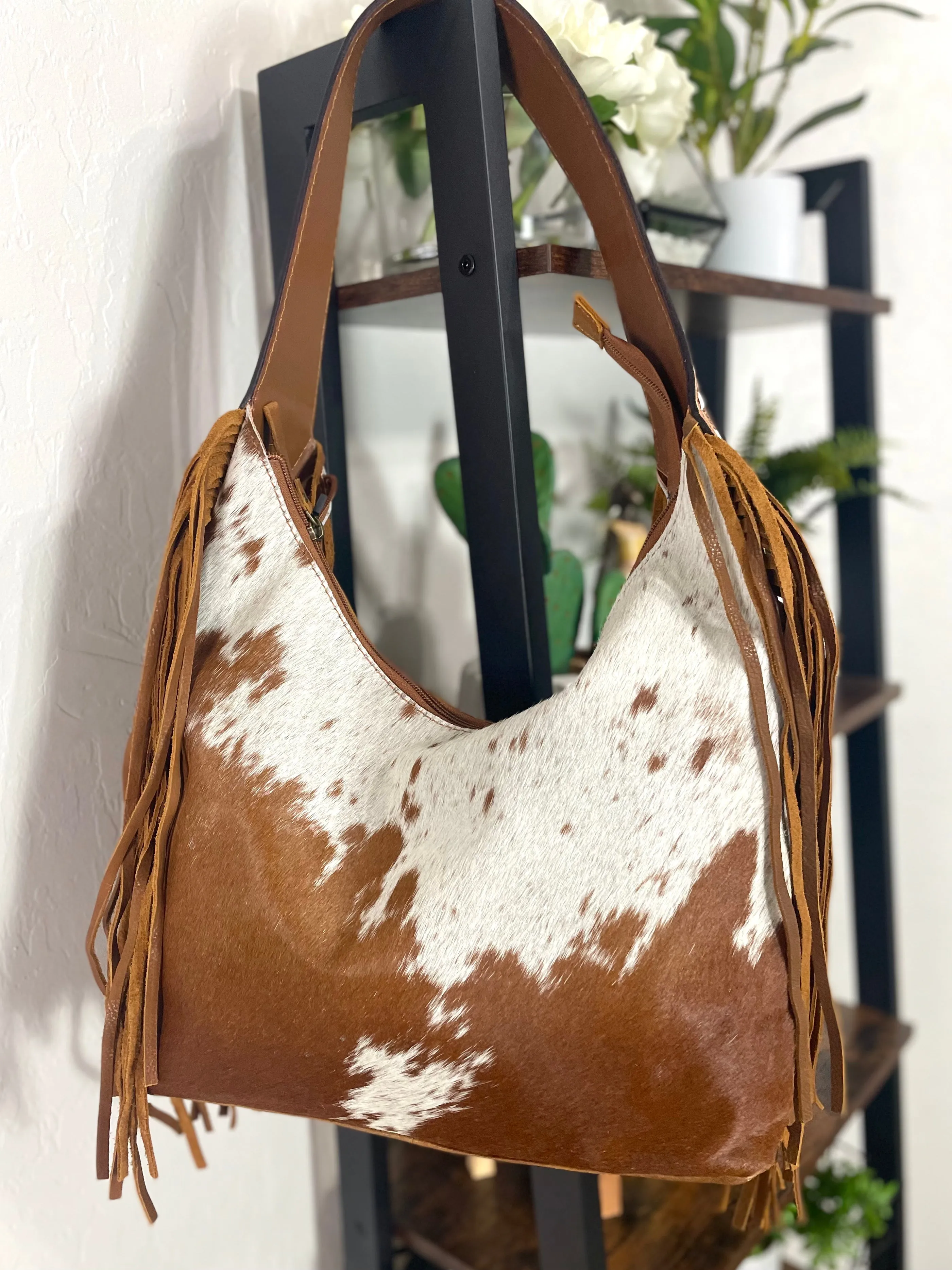 Ranch Tan Cowhide Hobo Fringe Tooled Purse