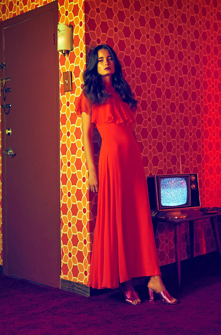 Rare 1970s Coral Silk Chiffon Stavropoulos Dress & Capelet