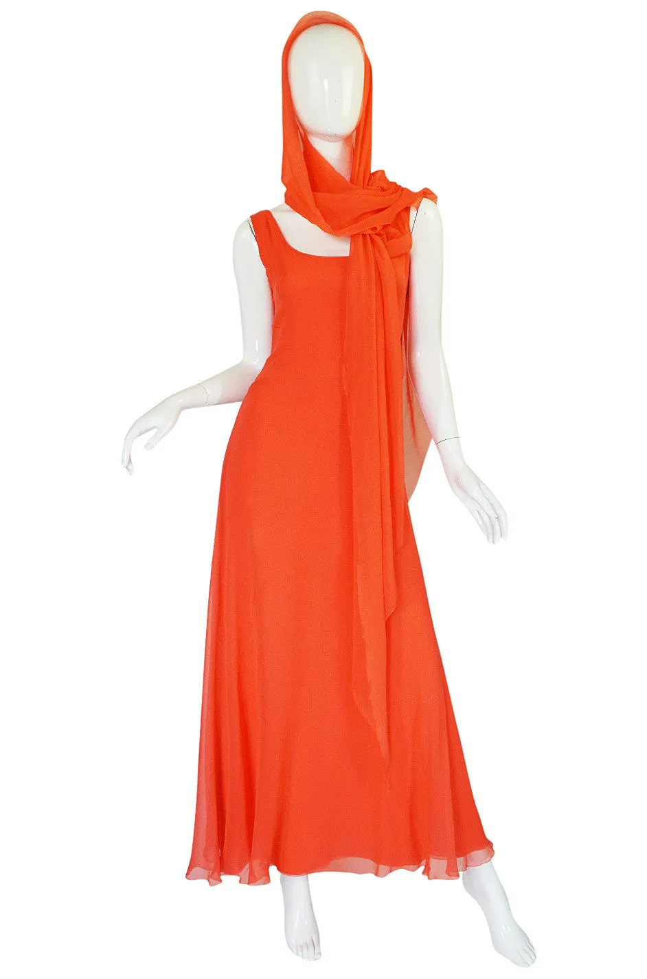 Rare 1970s Coral Silk Chiffon Stavropoulos Dress & Capelet