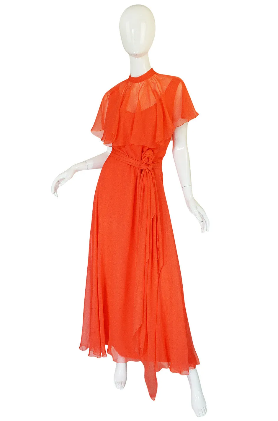 Rare 1970s Coral Silk Chiffon Stavropoulos Dress & Capelet
