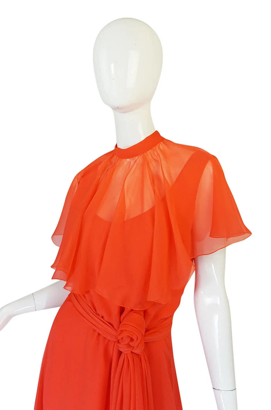 Rare 1970s Coral Silk Chiffon Stavropoulos Dress & Capelet