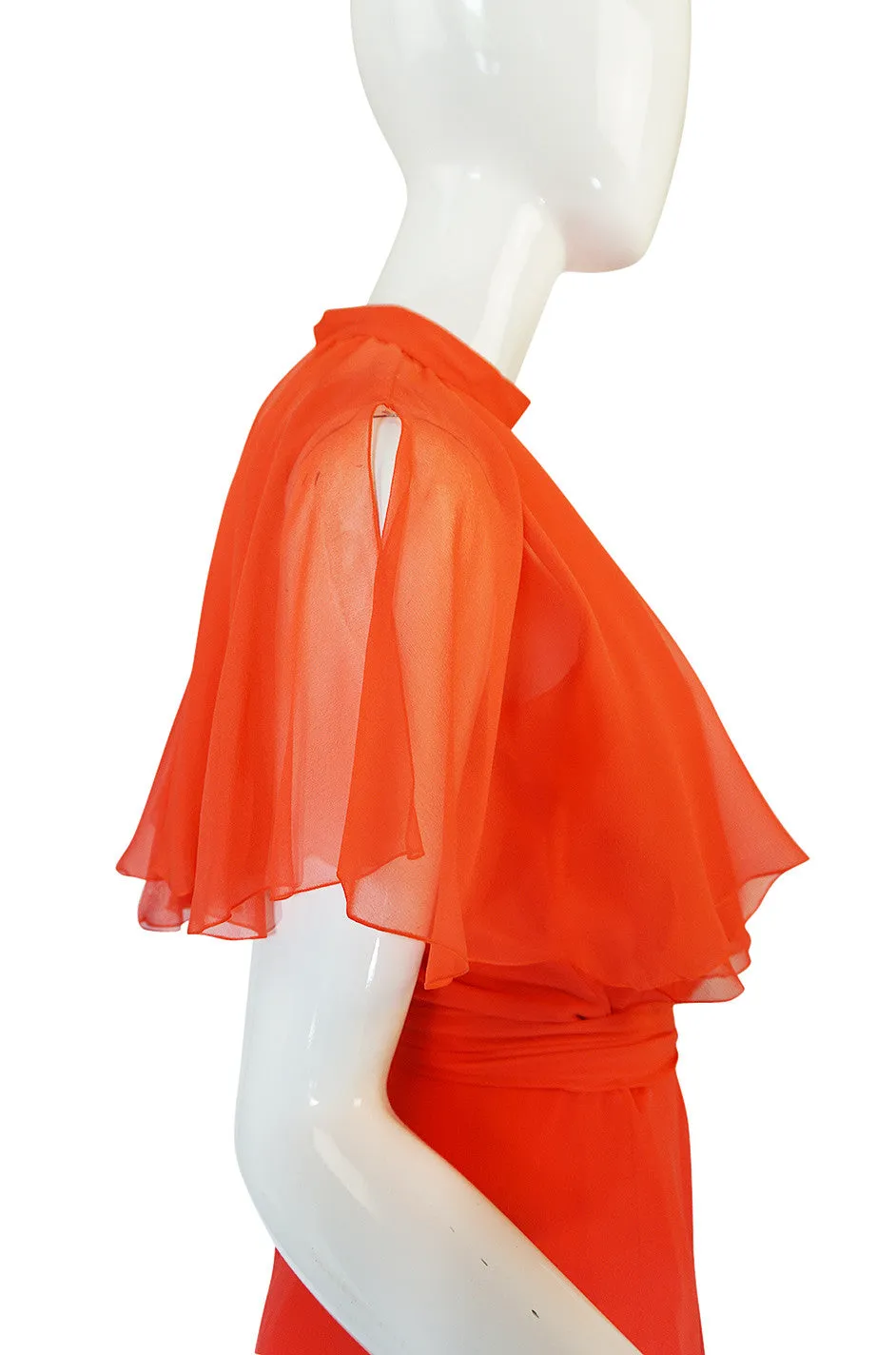Rare 1970s Coral Silk Chiffon Stavropoulos Dress & Capelet