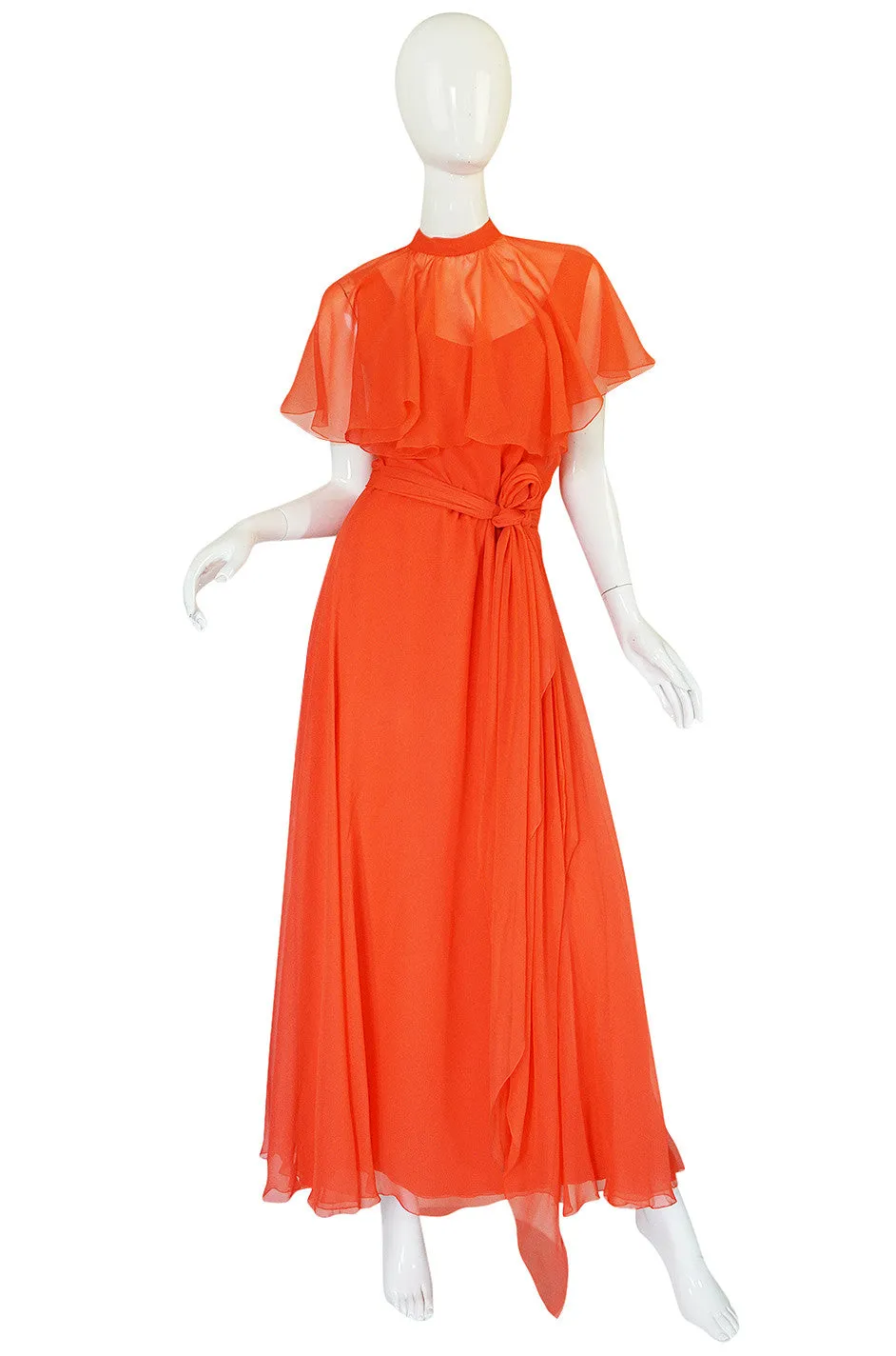 Rare 1970s Coral Silk Chiffon Stavropoulos Dress & Capelet