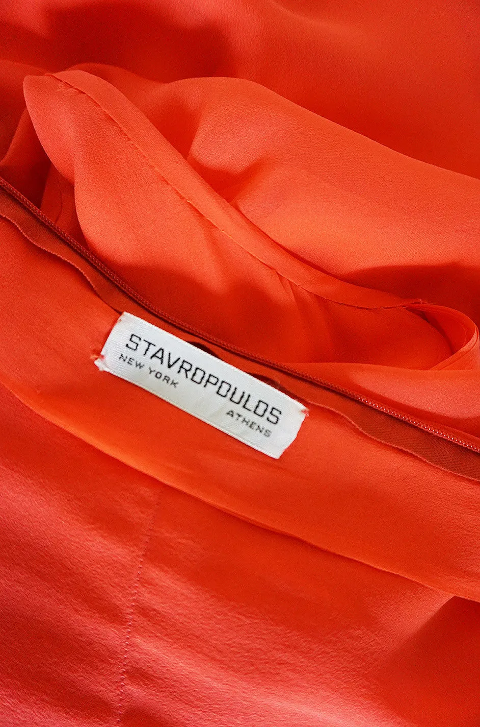 Rare 1970s Coral Silk Chiffon Stavropoulos Dress & Capelet