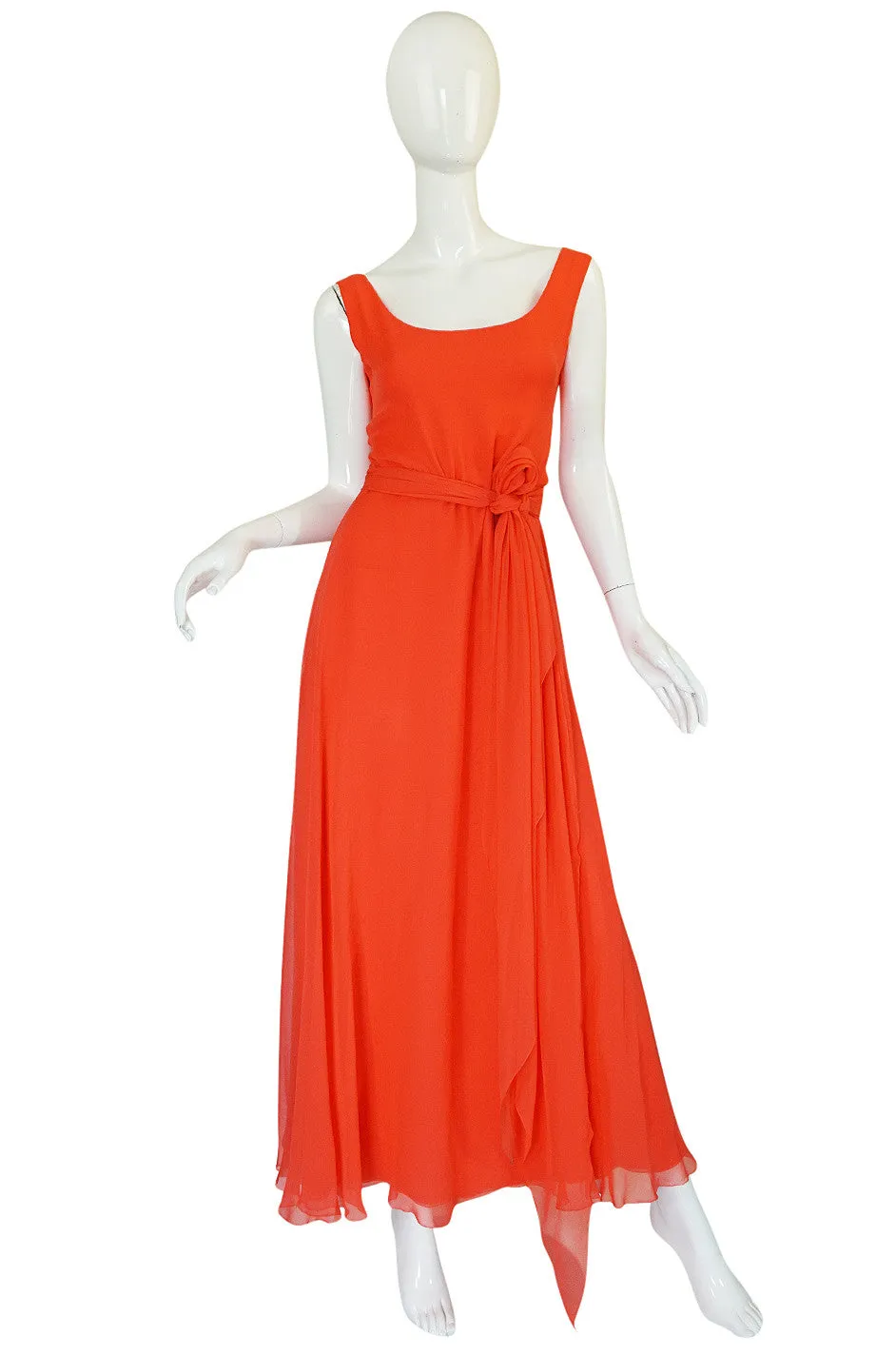 Rare 1970s Coral Silk Chiffon Stavropoulos Dress & Capelet