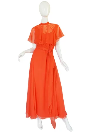 Rare 1970s Coral Silk Chiffon Stavropoulos Dress & Capelet